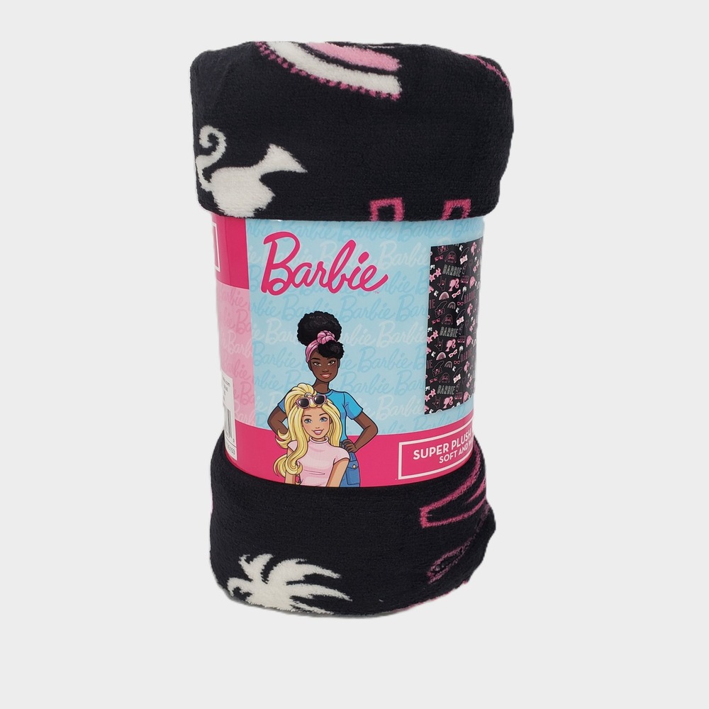 Barbie Super Plush Throw Blanket Black Pink Logo Icon Print 46x60 Cozy Warm New